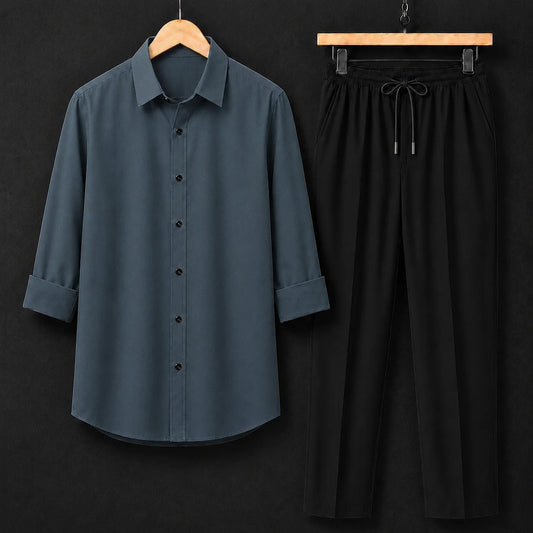 Premium Steel Gray Full Sleeves Shirt With Black Drawstring Trouser