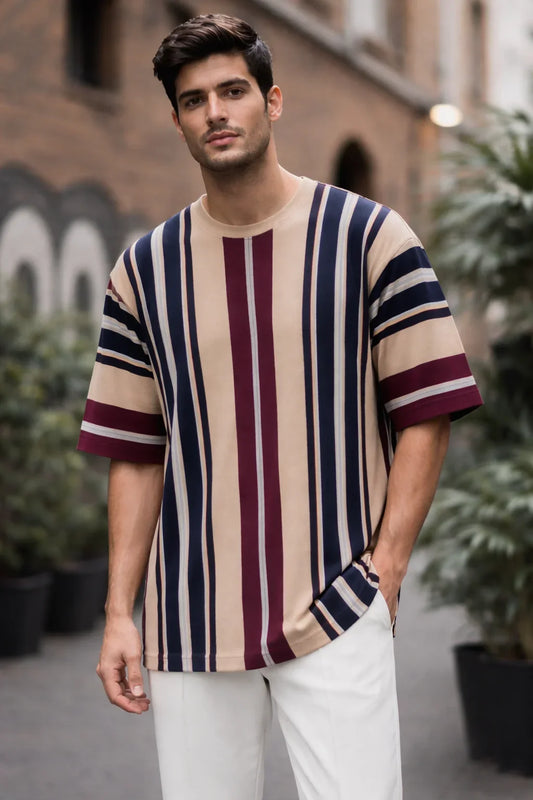 Beige Stripped Drop Shoulder Shirt With White Drawstring Trouser