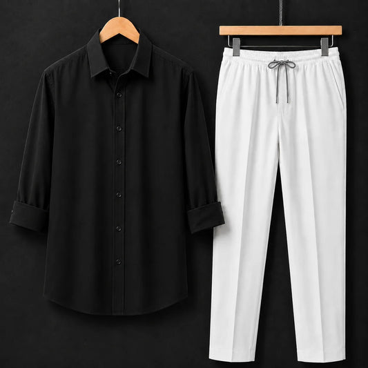 Premium Black Full Sleeves Shirt With White Drawstring Trouser