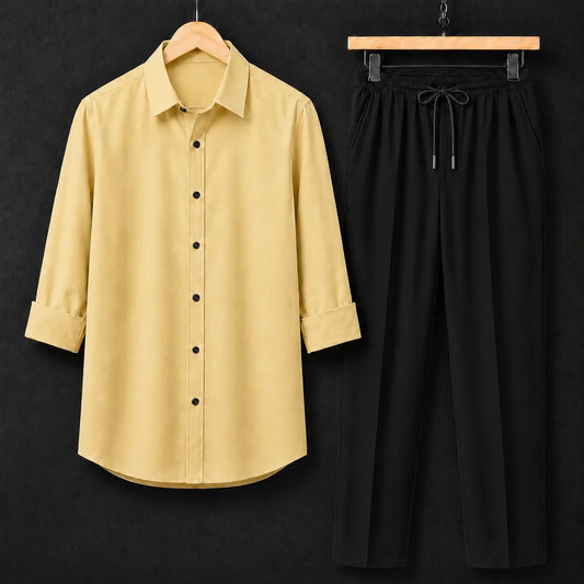 Premium Soft Yellow Full Sleeves Shirt With Black Drawstring Trouser