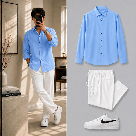 Premium Sky Blue Full Sleeves Shirt With White Drawstring Trouser