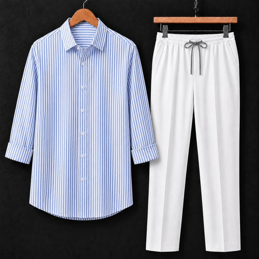 Azure Stripe Full Sleeves Shirt With White Drawstring Trouser