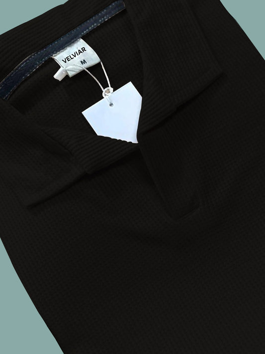 Knit Black Polo Shirt & White Drawstring Trouser
