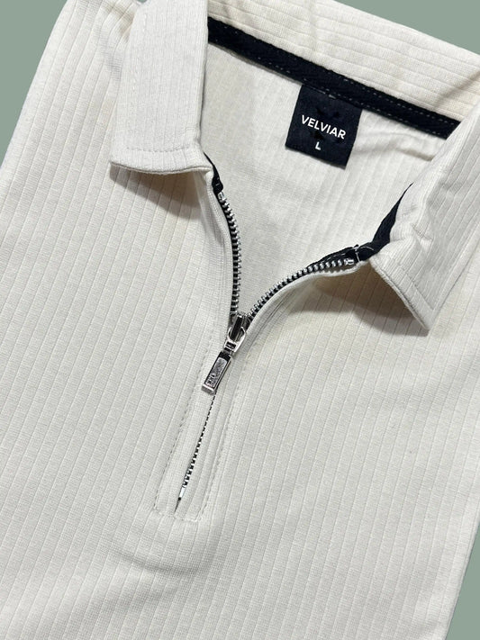 Knit Zip White Polo Shirt & Navy Blue Drawstring Trouser