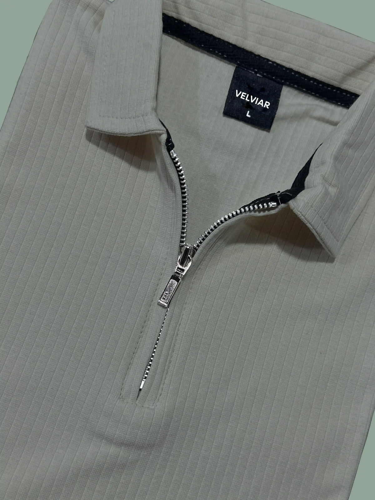 Ribbed Knit Half-Zip Polo Shirt Beige