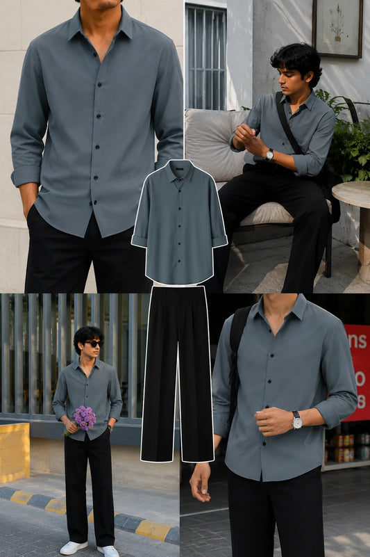 Premium Steel Gray Full Sleeves Shirt With Black Drawstring Trouser