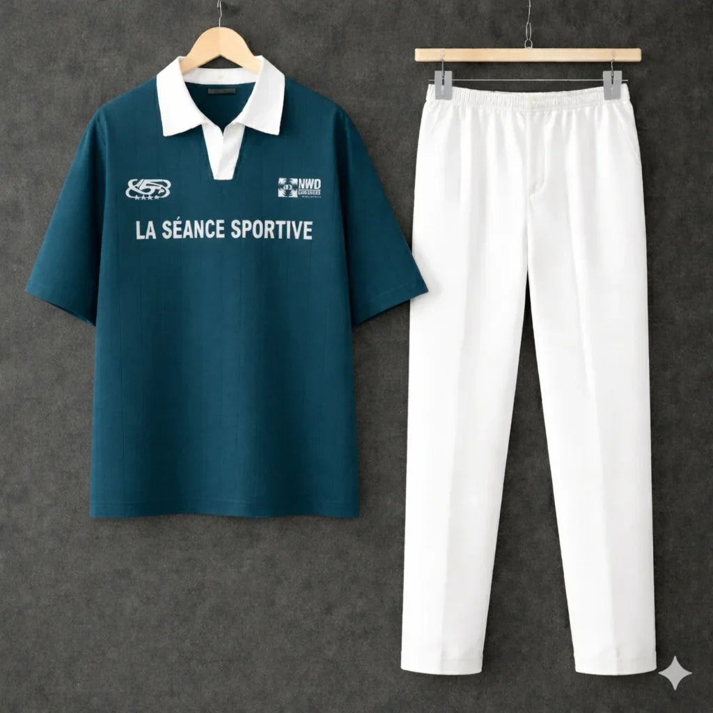 Zinc Blue Polo Contrast Collar Printed Drop Shoulder Shirt With White Drawstring Trouser