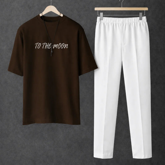 Printed The Moon Brown Drop Shoulder Shirt With White Drawstring Trouser
