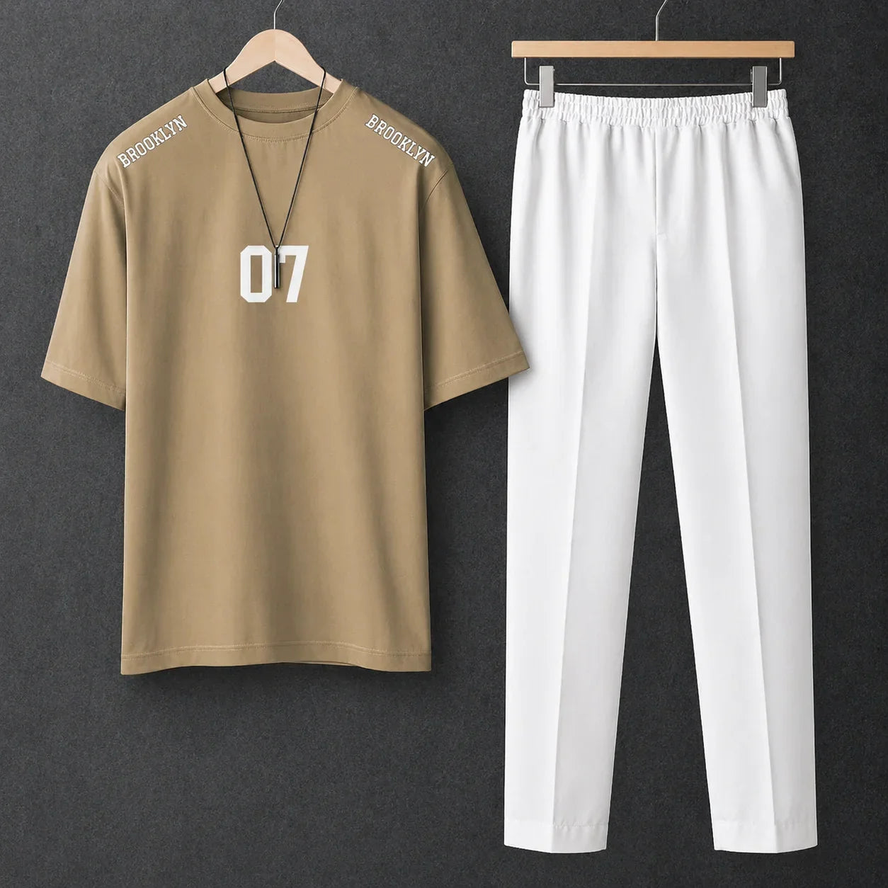 Printed New York Beige Drop Shoulder Shirt With White Drawstring Trouser