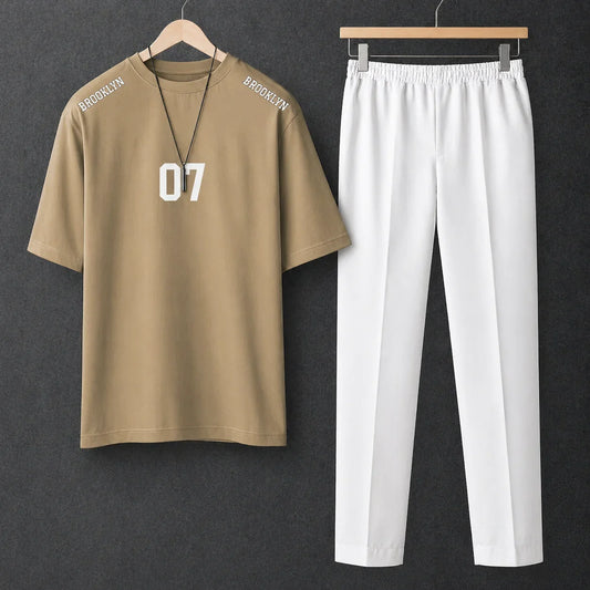 Printed New York Beige Drop Shoulder Shirt With White Drawstring Trouser
