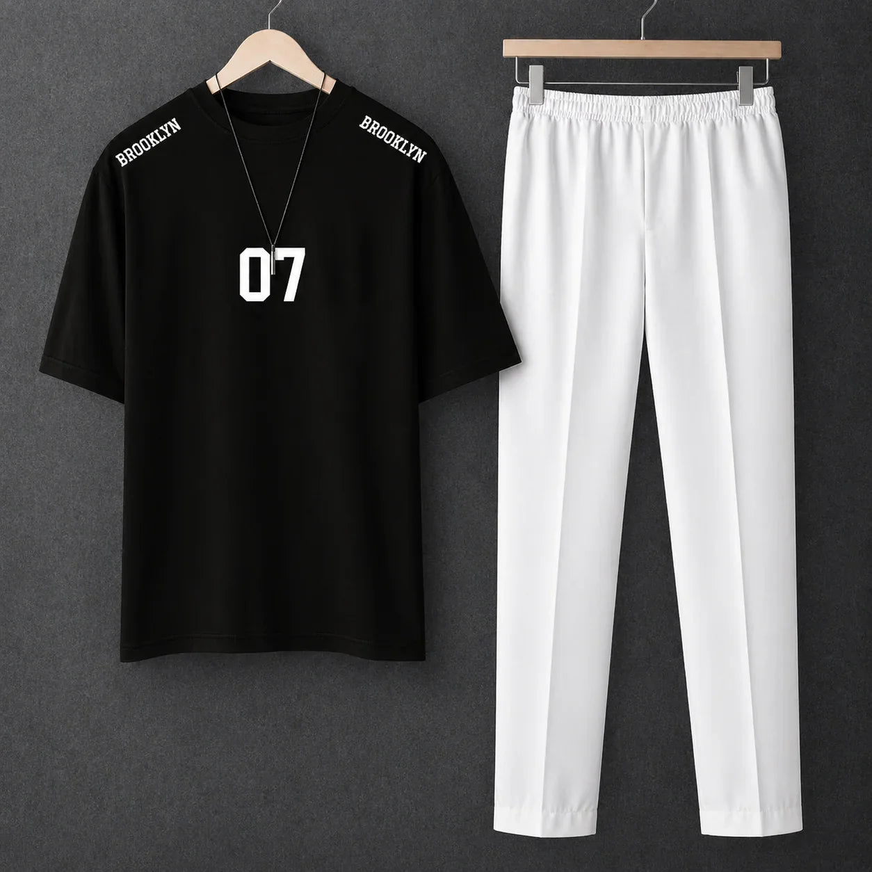 Printed New York Black Drop Shoulder Shirt With White Drawstring Trouser