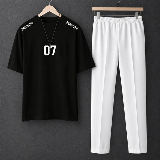 Printed New York Black Drop Shoulder Shirt With White Drawstring Trouser