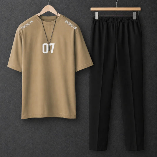 Printed New York Beige Drop Shoulder Shirt With Black Drawstring Trouser