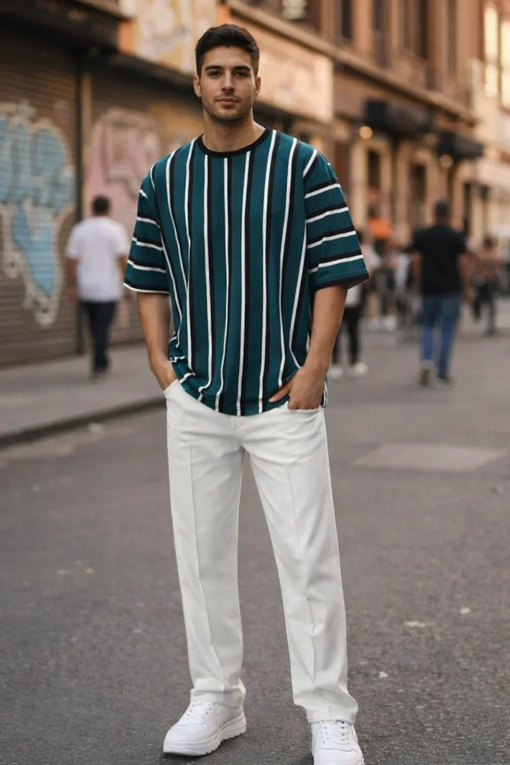 Green Stripped Drop Shoulder Shirt With White Drawstring Trouser