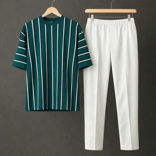 Green Stripped Drop Shoulder Shirt With White Drawstring Trouser