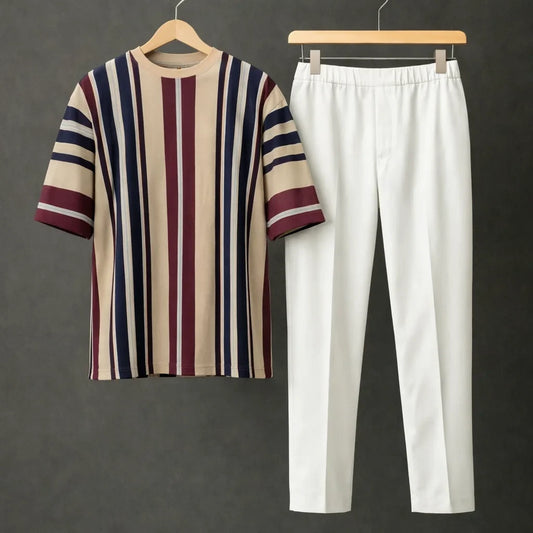 Beige Stripped Drop Shoulder Shirt With White Drawstring Trouser