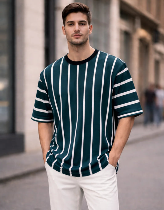 Green Stripped Drop Shoulder Shirt With White Drawstring Trouser