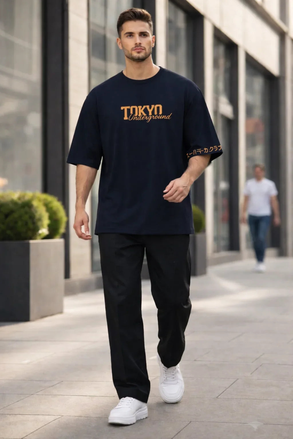 Printed Tokyo Navy Blue Drop Shoulder Shirt With Black Drawstring Trouser