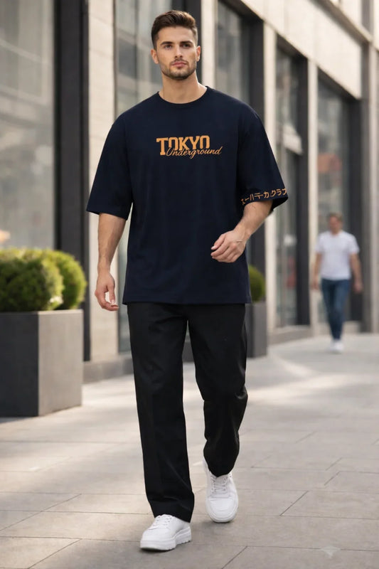 Printed Tokyo Navy Blue Drop Shoulder Shirt With Black Drawstring Trouser