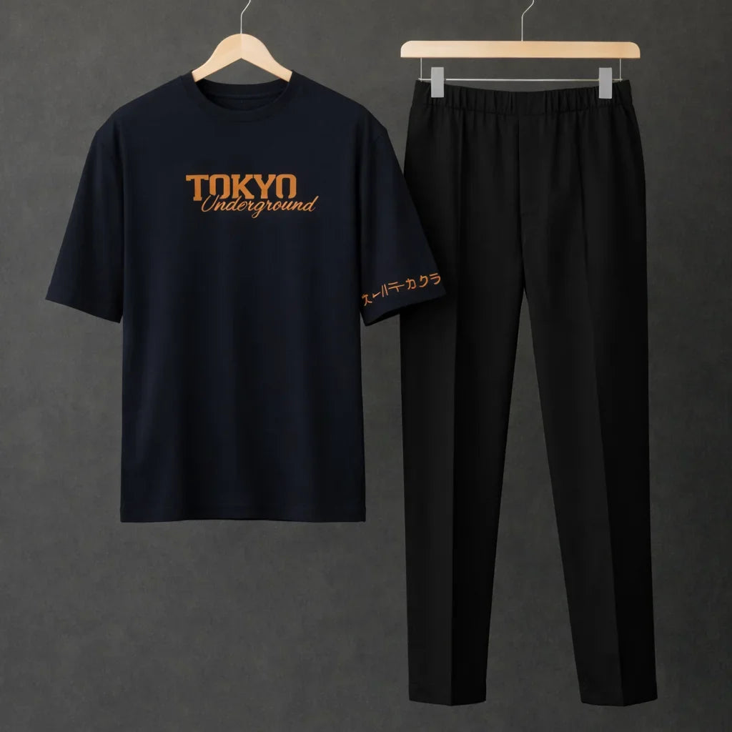 Printed Tokyo Navy Blue Drop Shoulder Shirt With Black Drawstring Trouser