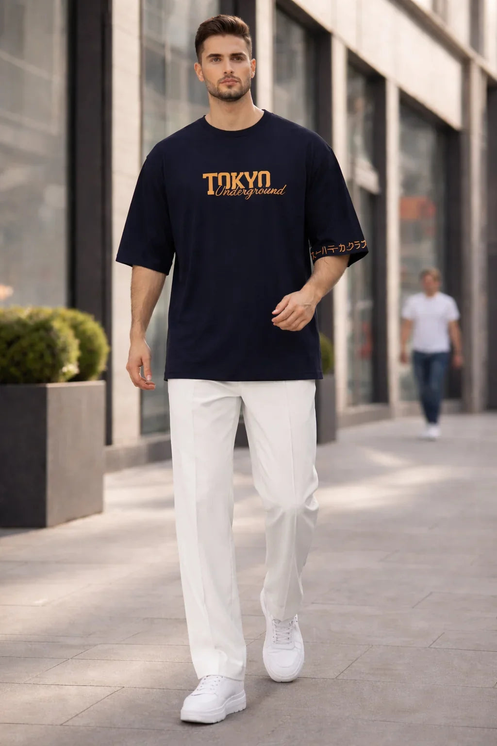Printed Tokyo Navy Blue Drop Shoulder Shirt With White Drawstring Trouser