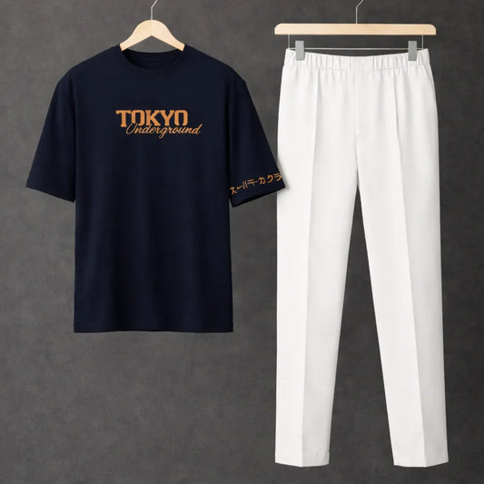 Printed Tokyo Navy Blue Drop Shoulder Shirt With White Drawstring Trouser