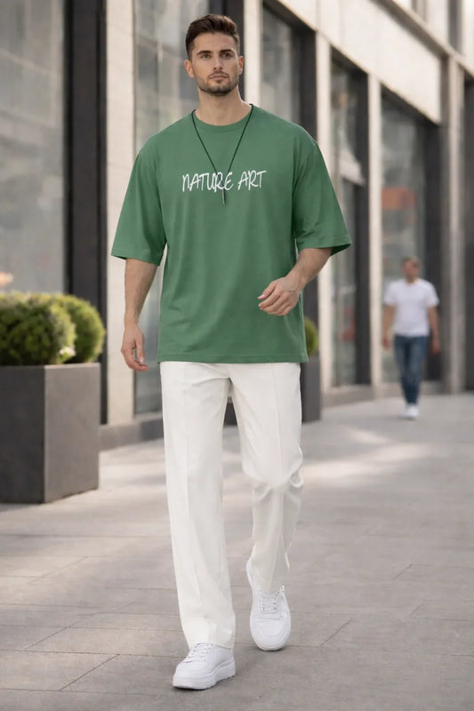 Printed Nature Art Sea Green Drop Shoulder Shirt With White Drawstring Trouser