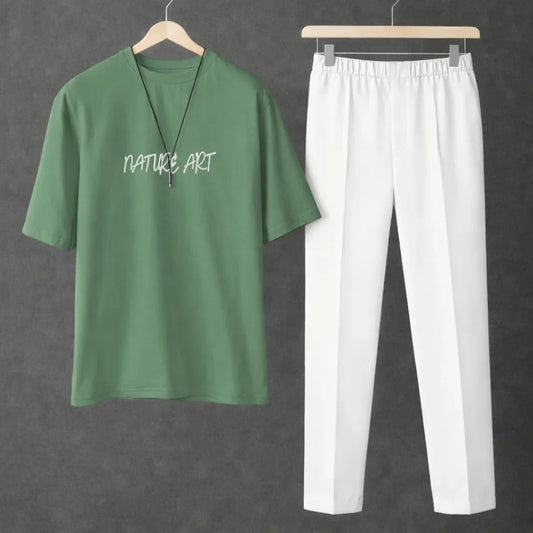 Printed Nature Art Sea Green Drop Shoulder Shirt With White Drawstring Trouser