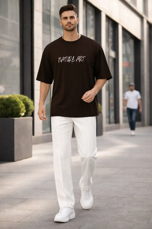 Printed Nature Art Brown Drop Shoulder Shirt With White Drawstring Trouser