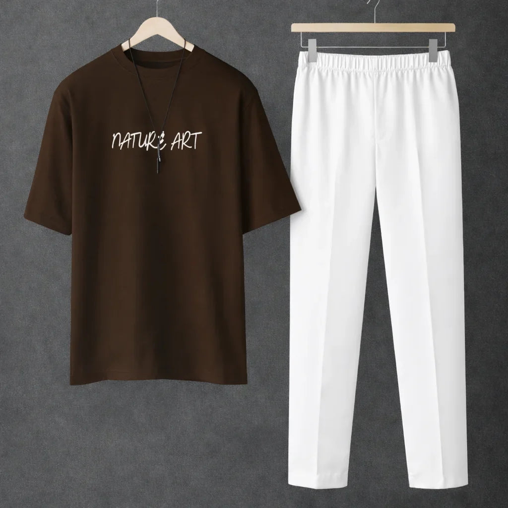 Printed Nature Art Brown Drop Shoulder Shirt With White Drawstring Trouser