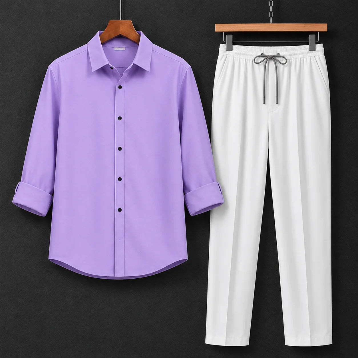 Premium Lavender Full Sleeves Shirt With White Drawstring Trouser