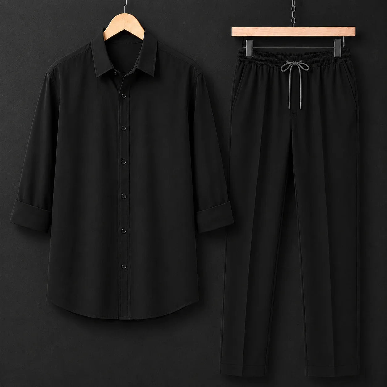 Premium Black Full Sleeves Shirt With Black Drawstring Trouser