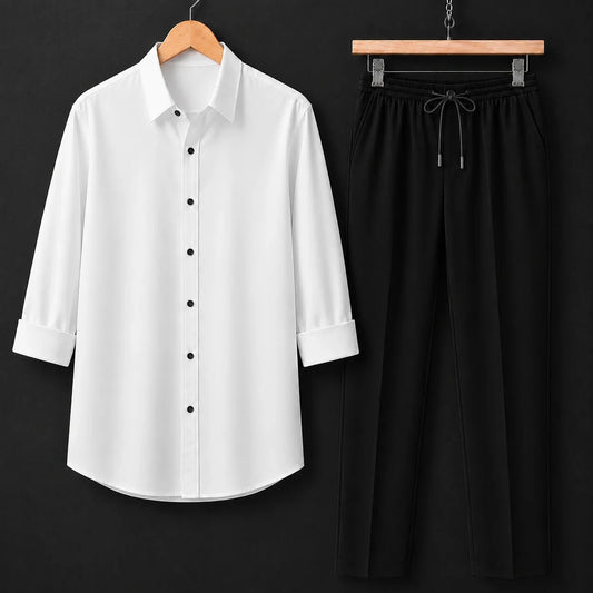 Premium White Full Sleeves Shirt With Black Drawstring Trouser