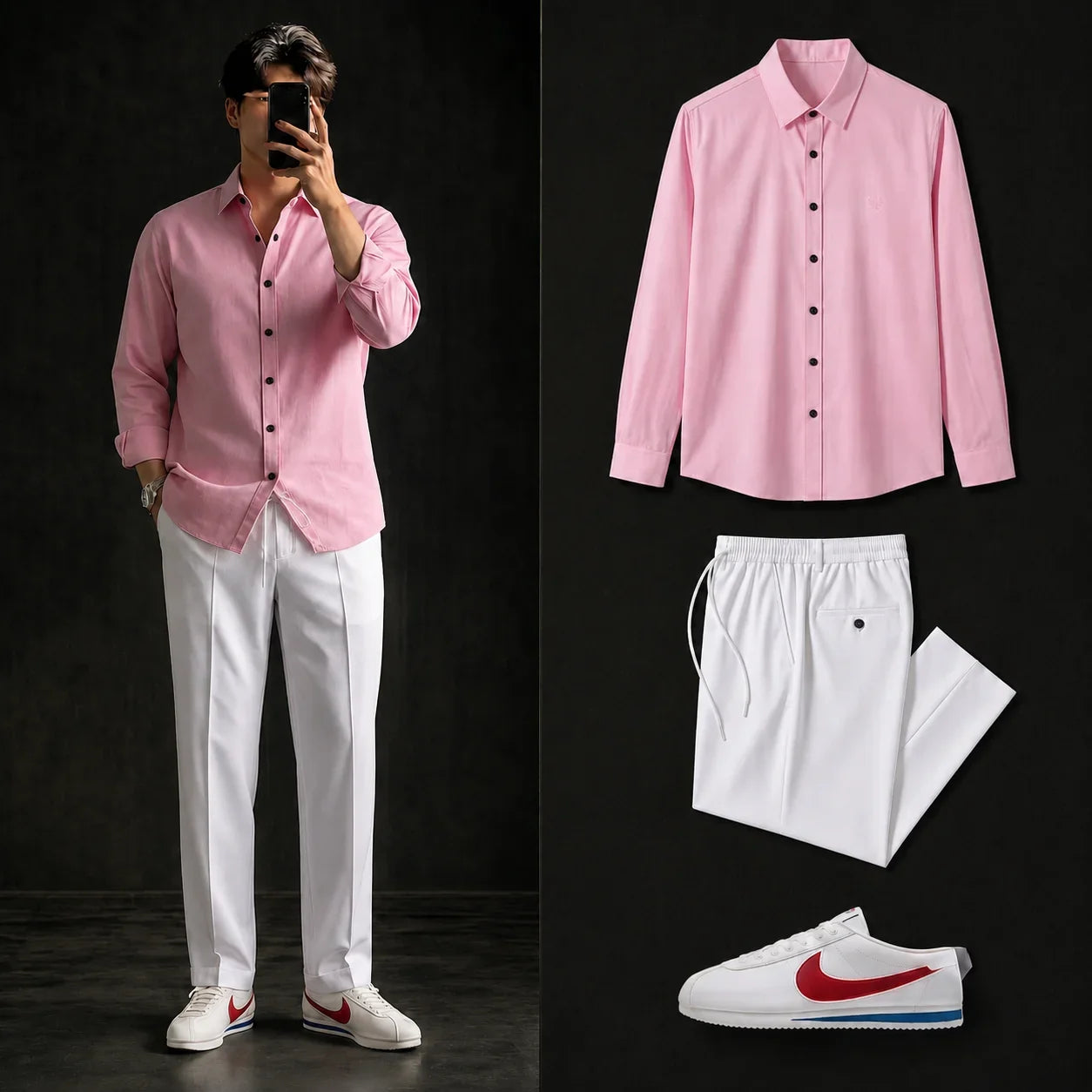 Premium Baby Pink Full Sleeves Shirt With White Drawstring Trouser
