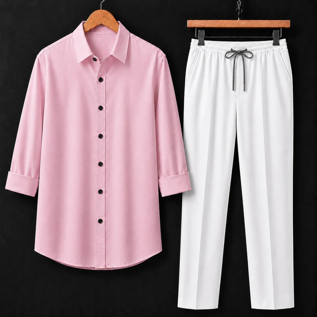 Premium Baby Pink Full Sleeves Shirt With White Drawstring Trouser