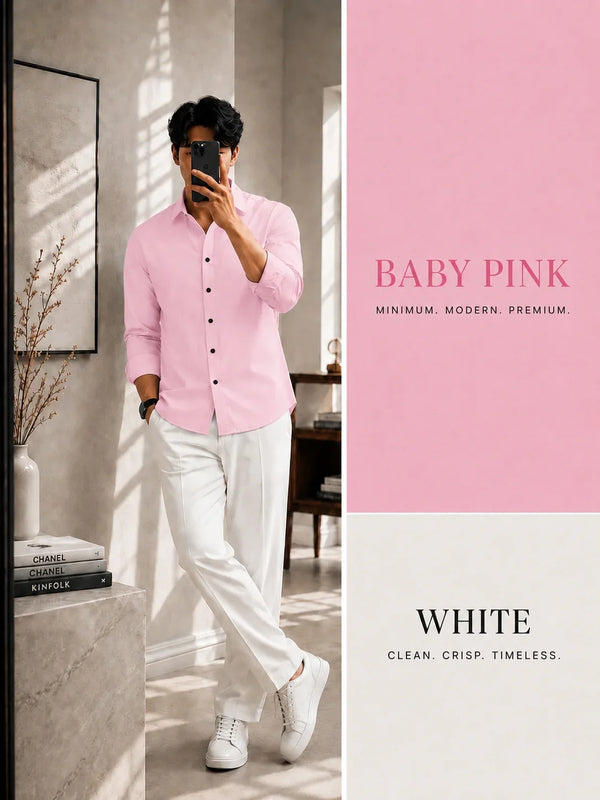 Premium Baby Pink Full Sleeves Shirt With White Drawstring Trouser