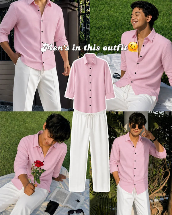 Premium Baby Pink Full Sleeves Shirt With White Drawstring Trouser