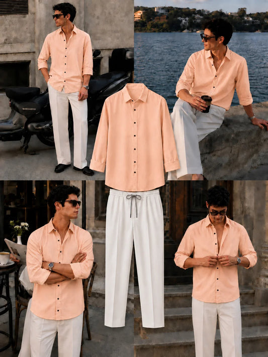Premium Peach Full Sleeves Shirt With White Drawstring Trouser