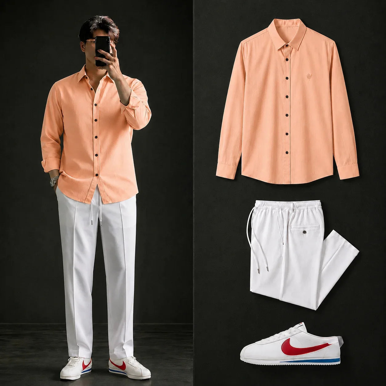 Premium Peach Full Sleeves Shirt With White Drawstring Trouser