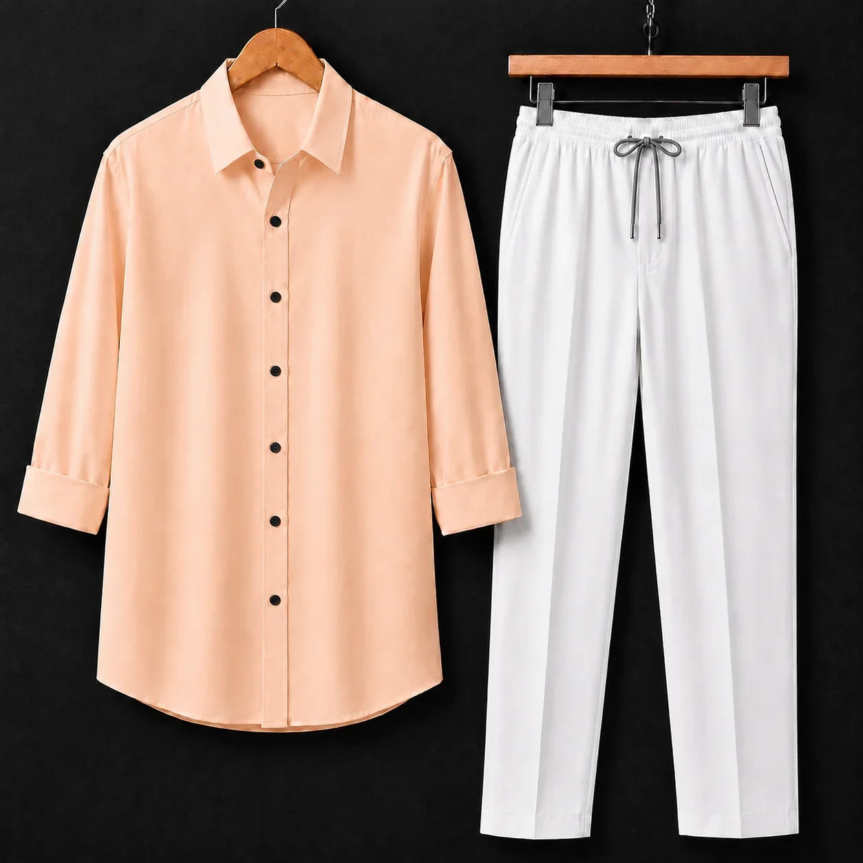 Premium Peach Full Sleeves Shirt With White Drawstring Trouser