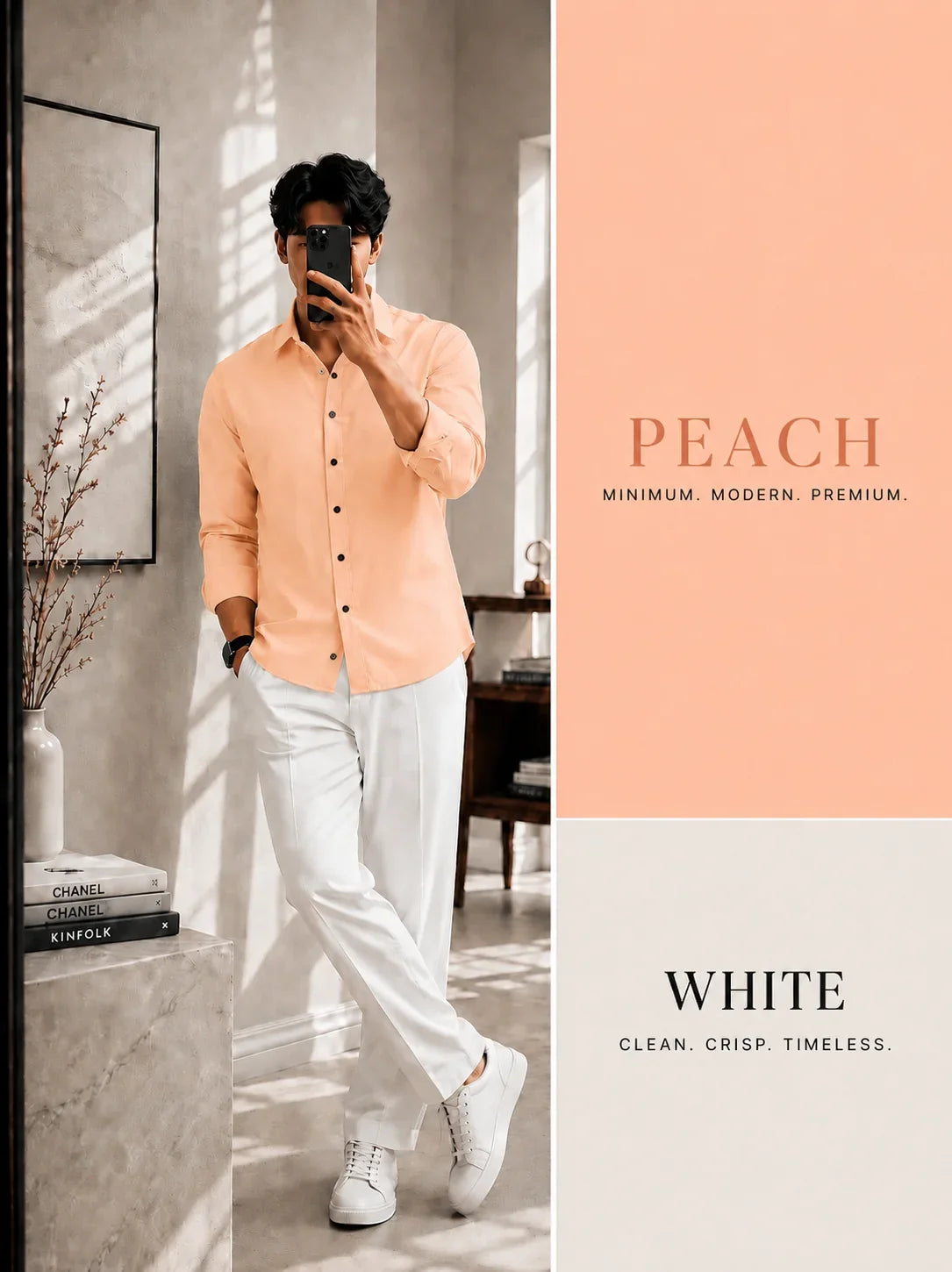 Premium Peach Full Sleeves Shirt With White Drawstring Trouser
