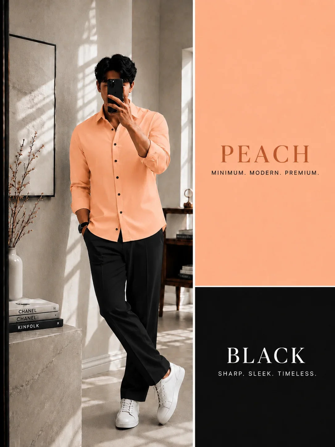 Premium Peach Full Sleeves Shirt With Black Drawstring Trouser