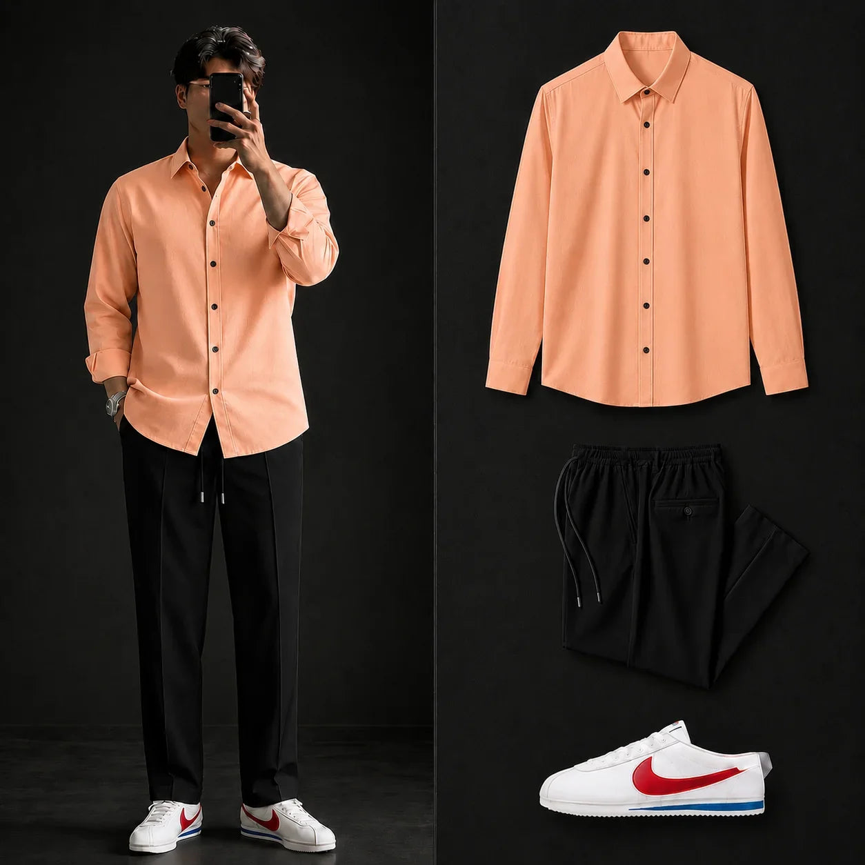 Premium Peach Full Sleeves Shirt With Black Drawstring Trouser