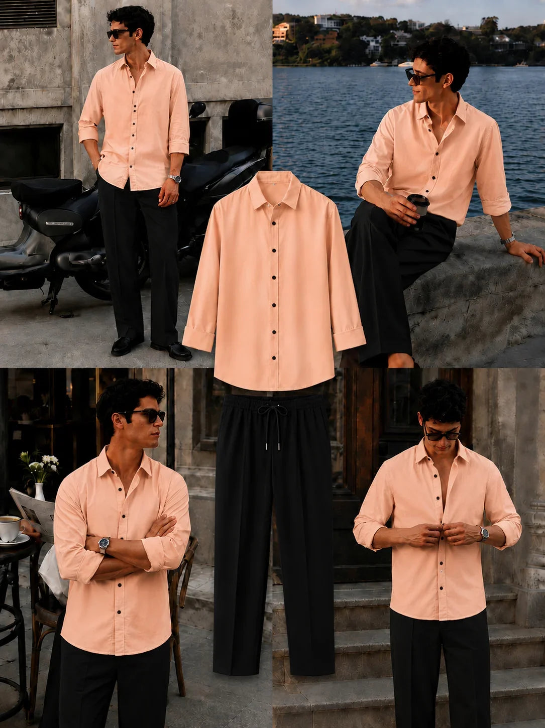 Premium Peach Full Sleeves Shirt With Black Drawstring Trouser