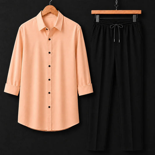 Premium Peach Full Sleeves Shirt With Black Drawstring Trouser