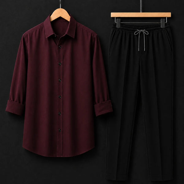 Premium Wine Red Full Sleeves Shirt With Black Drawstring Trouser