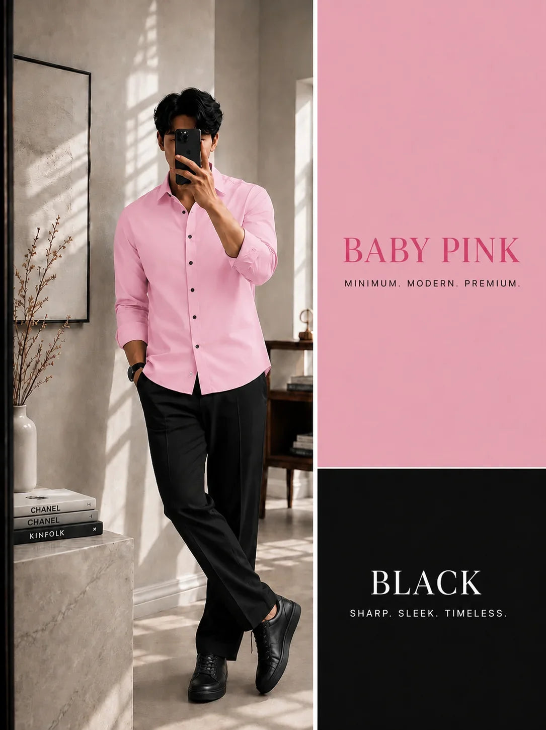 Premium Baby Pink Full Sleeves Shirt With Black Drawstring Trouser