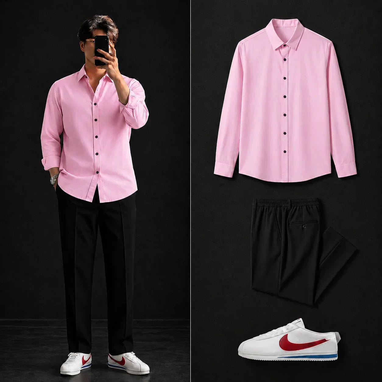Premium Baby Pink Full Sleeves Shirt With Black Drawstring Trouser
