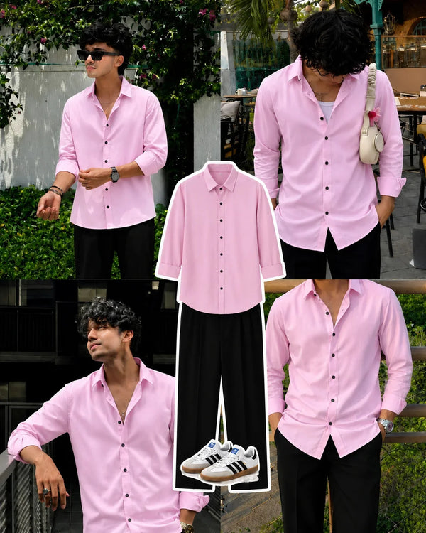Premium Baby Pink Full Sleeves Shirt With Black Drawstring Trouser