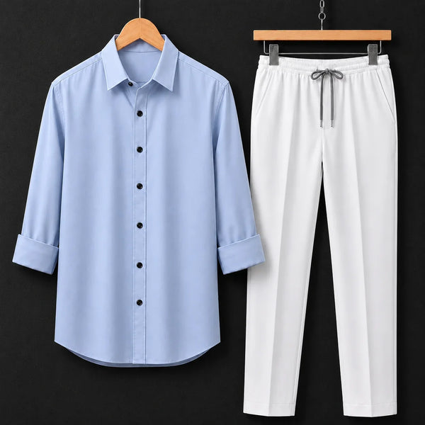 Premium Ice Blue Full Sleeves Shirt With White Drawstring Trouser